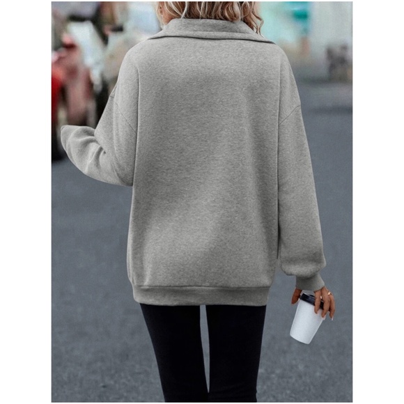 Cozy Grey Quilted Detail Zipper Pullover Sweater - Picture 4 of 4